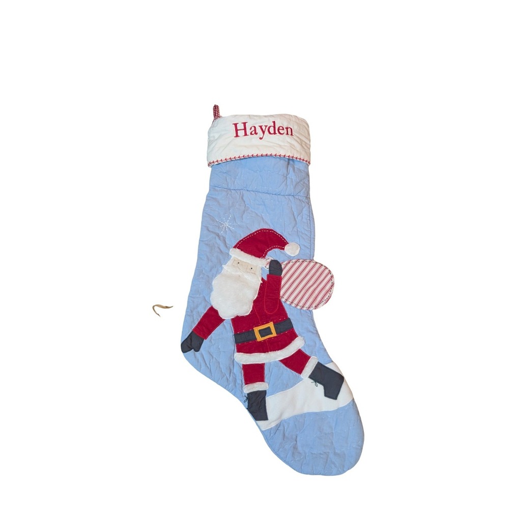 Pottery Barn Kids BLUE QUILTED SANTA WITH GIFTS CHRISTMAS STOCKING Hayden Large